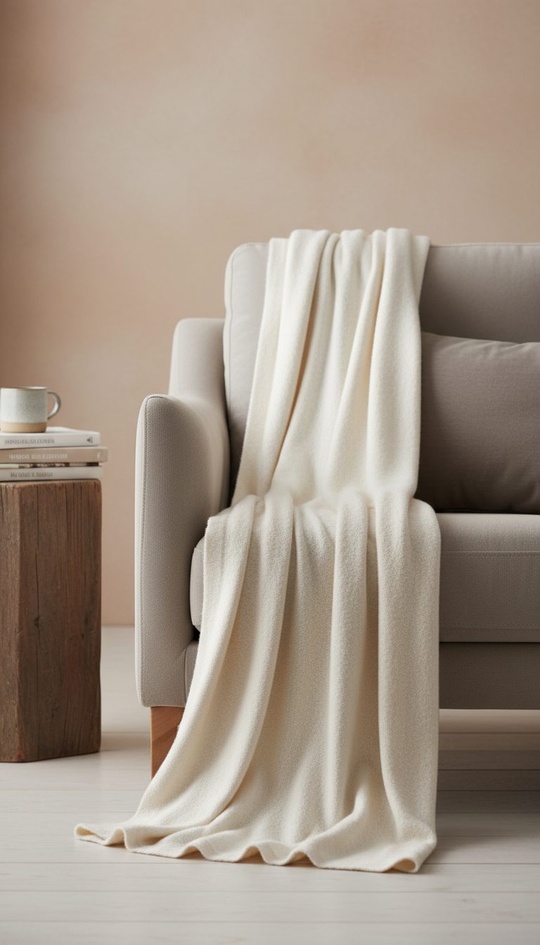 Sleepora Creamy Ecru Cashmere-Blend Throw, front view on neutral background