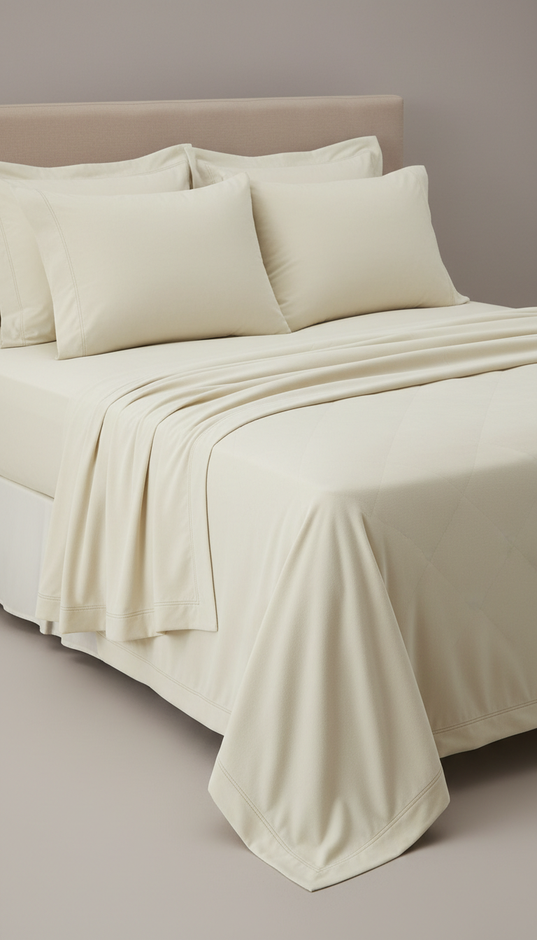 Sleepora Velvet Cream Bed Sheet Set, front view on neutral background