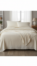 Sleepora Cream Linen Sheet Set, front view on neutral background