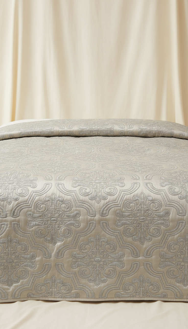 Sleepora Champagne Silver Quilted Bedspread, front view on neutral background