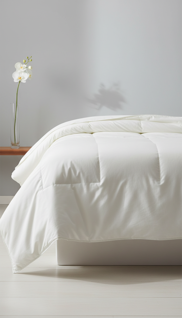 Sleepora Whisper White Duvet Cover, front view on neutral background