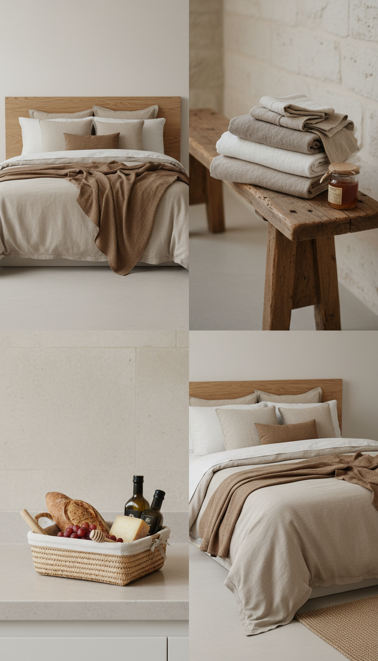 Sleepora Layered Bedding Set in neutral tones, front view on neutral background