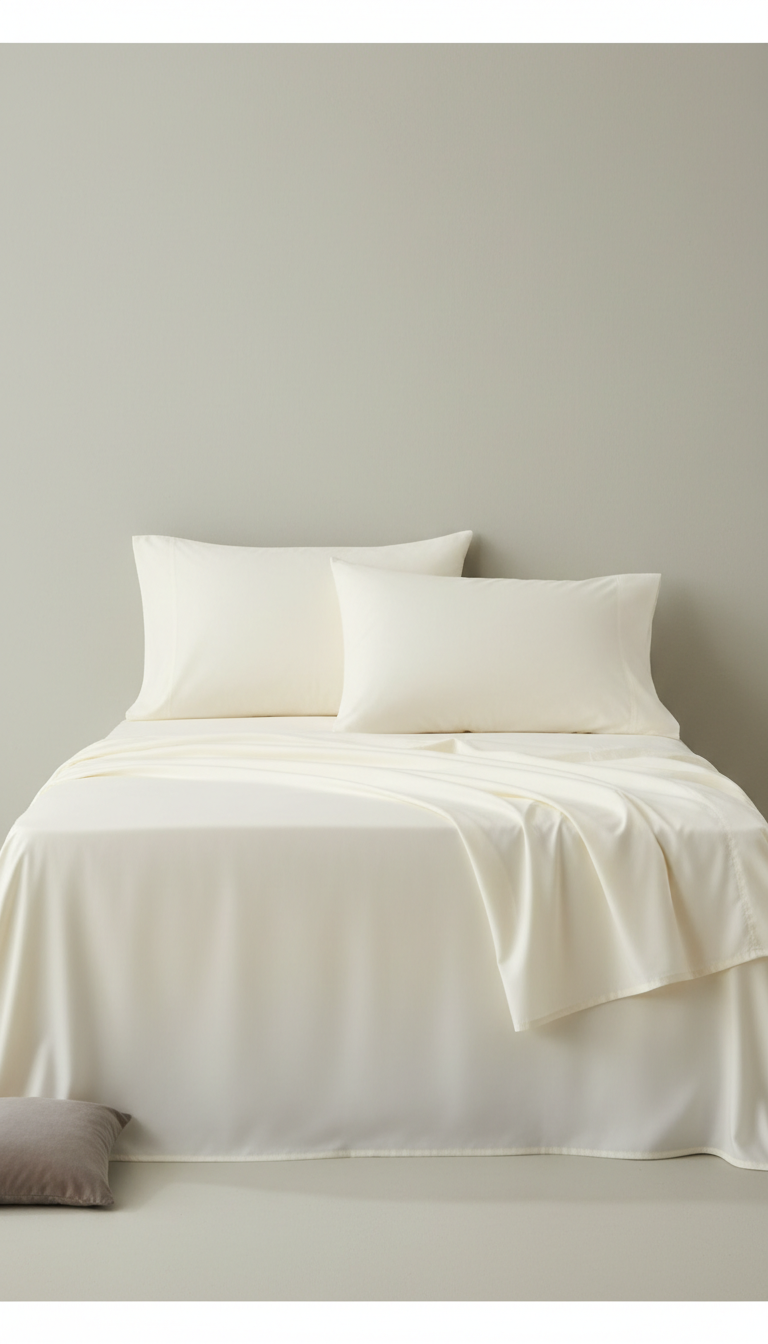 Sleepora Antique White Cotton Sateen Sheet Set, front view on neutral background