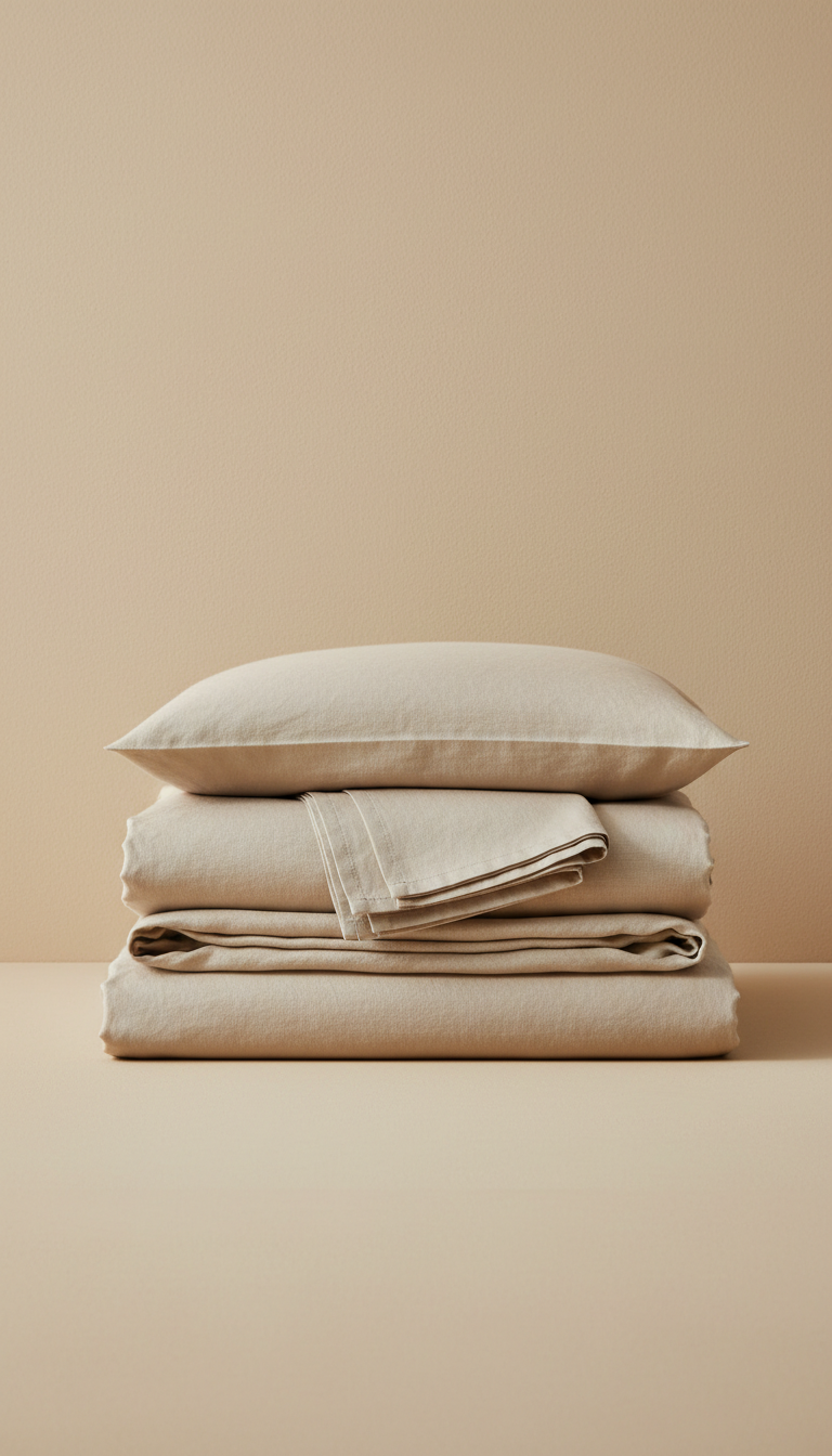 Sleepora Linen Bedding Bundle in Sand, front view on neutral background