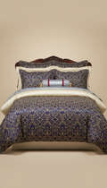 Sleepora Deep Blue Embroidered Bedding Set, front view on neutral background
