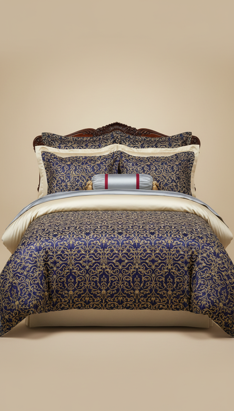 Sleepora Deep Blue Embroidered Bedding Set, front view on neutral background