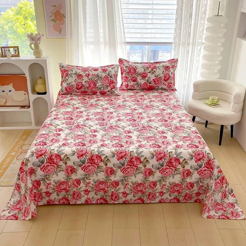 Red flower printed flat bed sheet