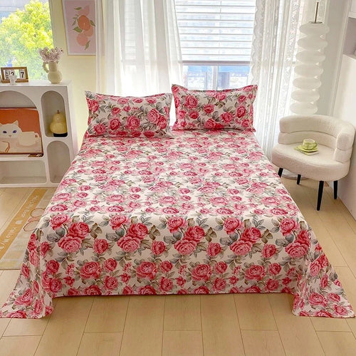 Red flower printed flat bed sheet
